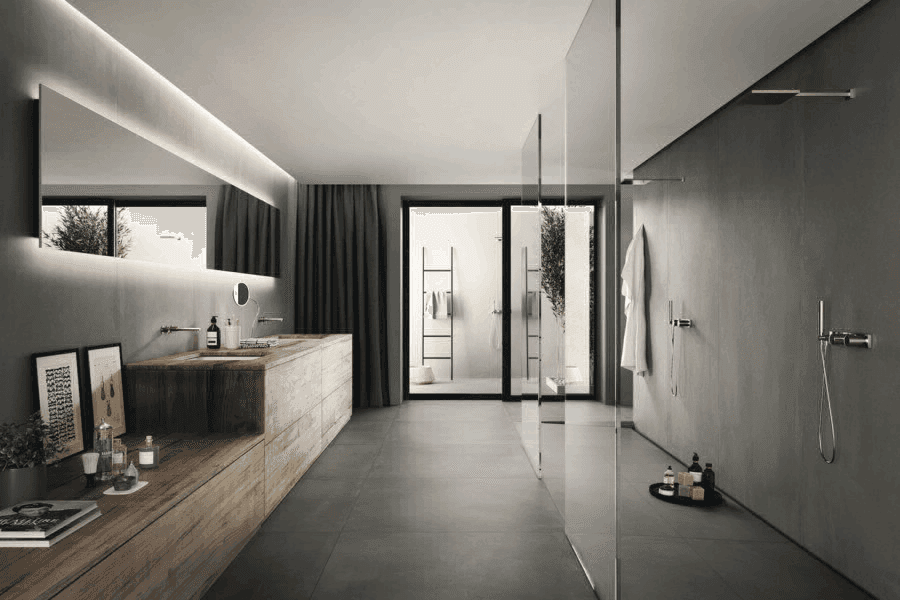 Modernes graues Bad mit Glasdusche und Holzwaschtisch
