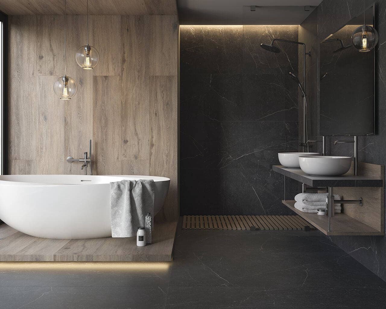 Dunkles Bad mit freistehender Wanne, Natursteinwand und Holzelementen